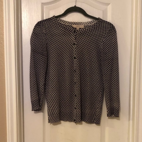 LOFT Navy & White Print Cardigan- Petite - Picture 2 of 7